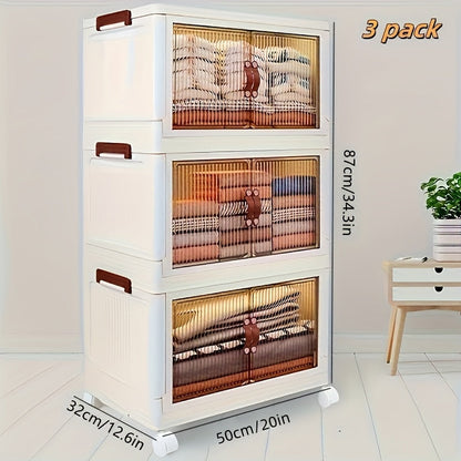 Front-Door Stackable Storage Bin Cabinets with Wheels in One-, Two- or Three-Pack Options for Home Use