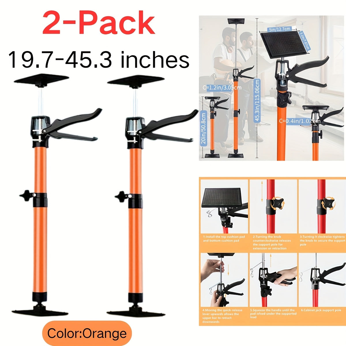 Adjustable Steel Support Rods for Drywall & Cabinet Installation, Extendable Construction Support Poles 19.7"-45.3" / 45"-114"