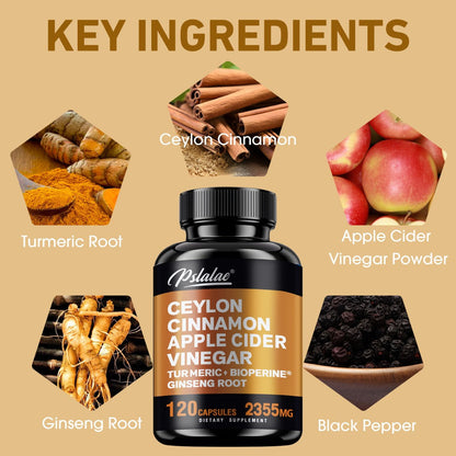 Ceylon Cinnamon Capsules 120 Count with Apple Cider Vinegar Turmeric Bioperine & Ginseng for Bath Time, Home Spa and Personal Care