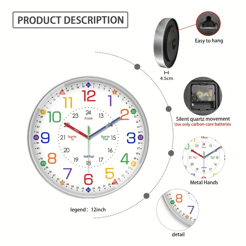 Color-Coded Learning Wall Clock in 8, 10 or 12-Inch Sizes with Minute and Quarter-Hour Markers