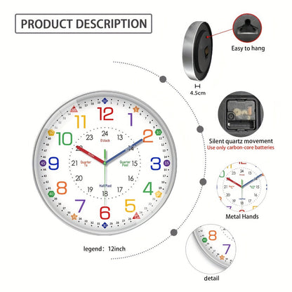 Color-Coded Learning Wall Clock in 8, 10 or 12-Inch Sizes with Minute and Quarter-Hour Markers