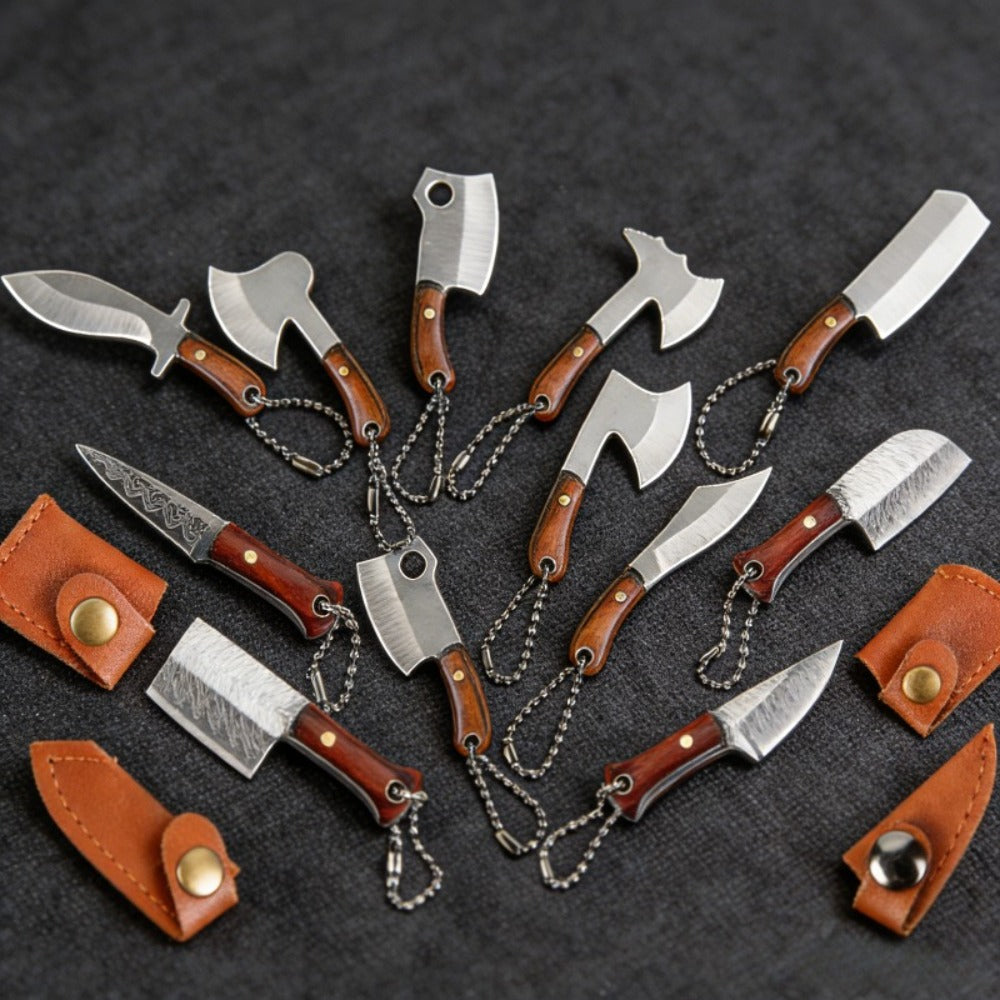 EDC Knife Keychain - Mini Set 10pcs Damascus Pattern Blade Stainless Steel Pocket Tool with - main product view