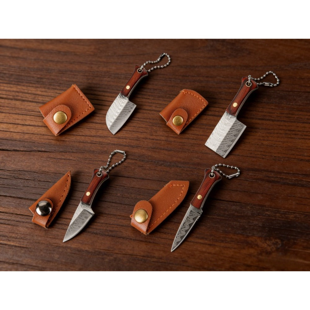 EDC Knife Keychain - Mini Set 10pcs Damascus Pattern Blade Stainless Steel Pocket Tool with - product detail view 9
