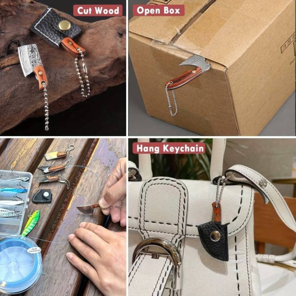 EDC Knife Keychain - Mini Set 10pcs Damascus Pattern Blade Stainless Steel Pocket Tool with - product detail view 10