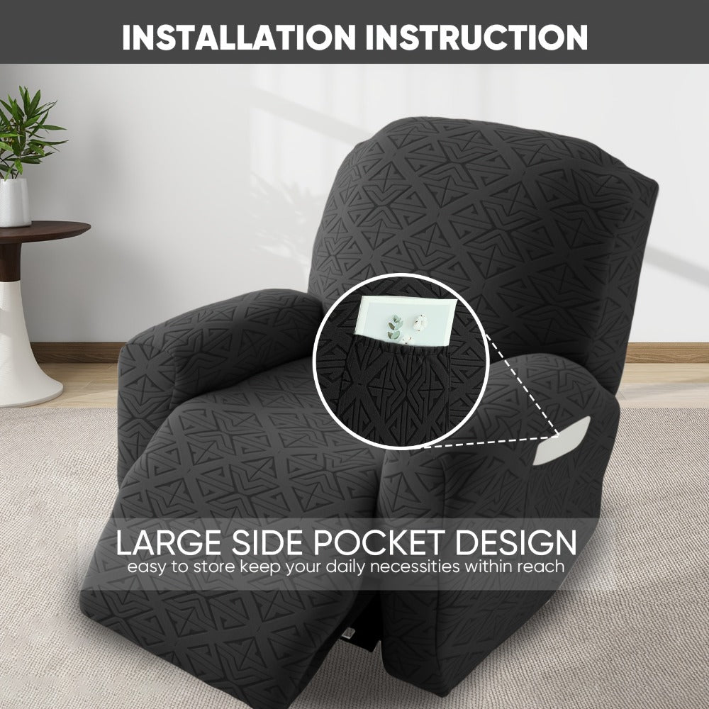 Four-Piece Geometric Jacquard Recliner Chair Cover Set with Labeled Left, Right, Back and Front Sections