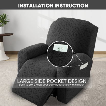 Four-Piece Geometric Jacquard Recliner Chair Cover Set with Labeled Left, Right, Back and Front Sections