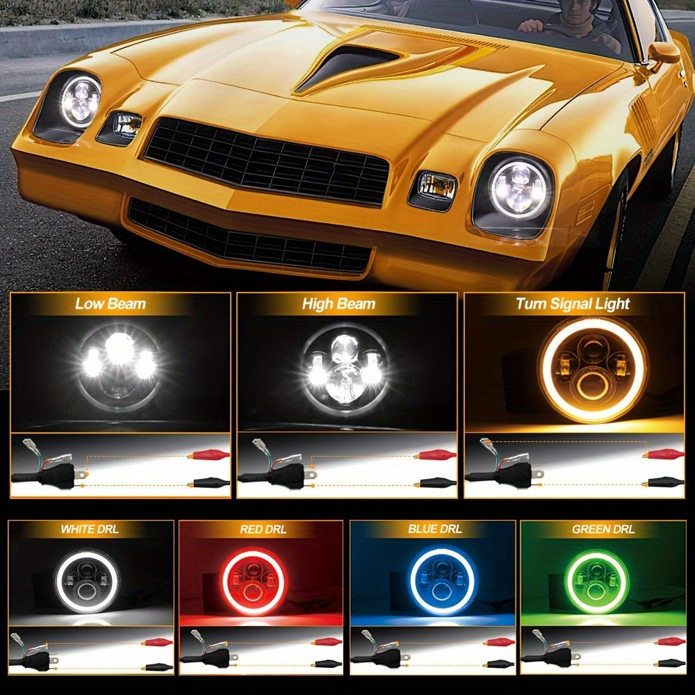 7 Inch Round LED Headlights for Jeep Wrangler JK TJ CJ Colorful DRL Halo Ring Amber Turn Signal High Low Beam