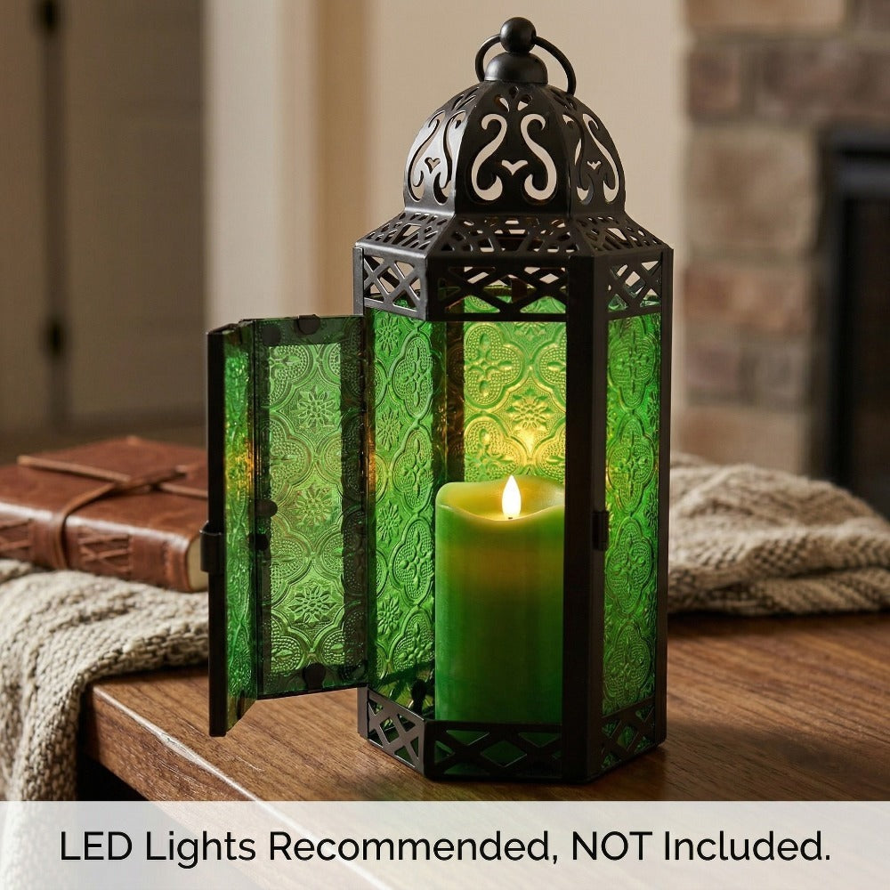 Moroccan Candle Lantern Holder - Decorative Metal & Glass Lantern with Embossed Floral Design for Indoor Home Decor