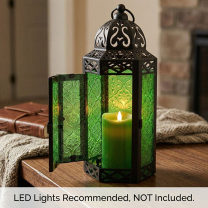 Moroccan Candle Lantern Holder - Decorative Metal & Glass Lantern with Embossed Floral Design for Indoor Home Decor