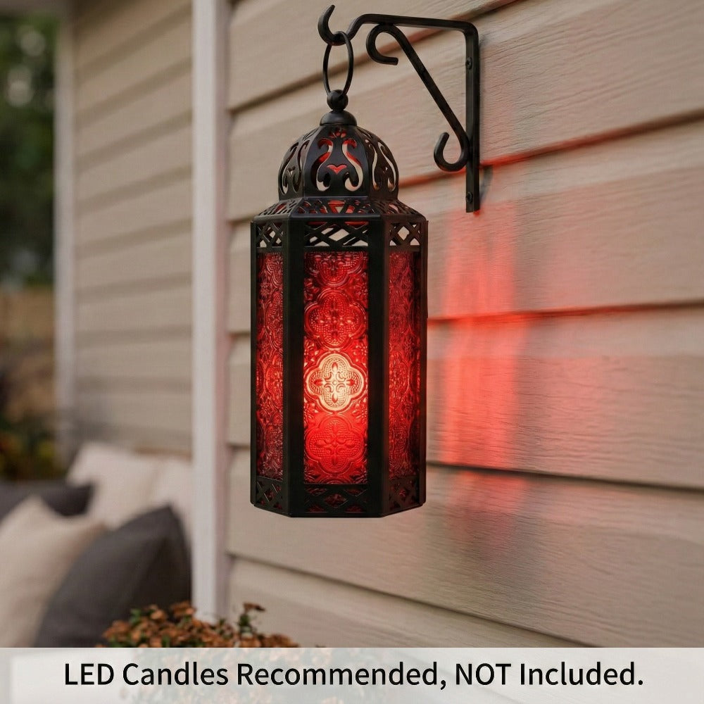 Moroccan Candle Lantern Holder - Decorative Metal & Glass Lantern with Embossed Floral Design for Indoor Home Decor