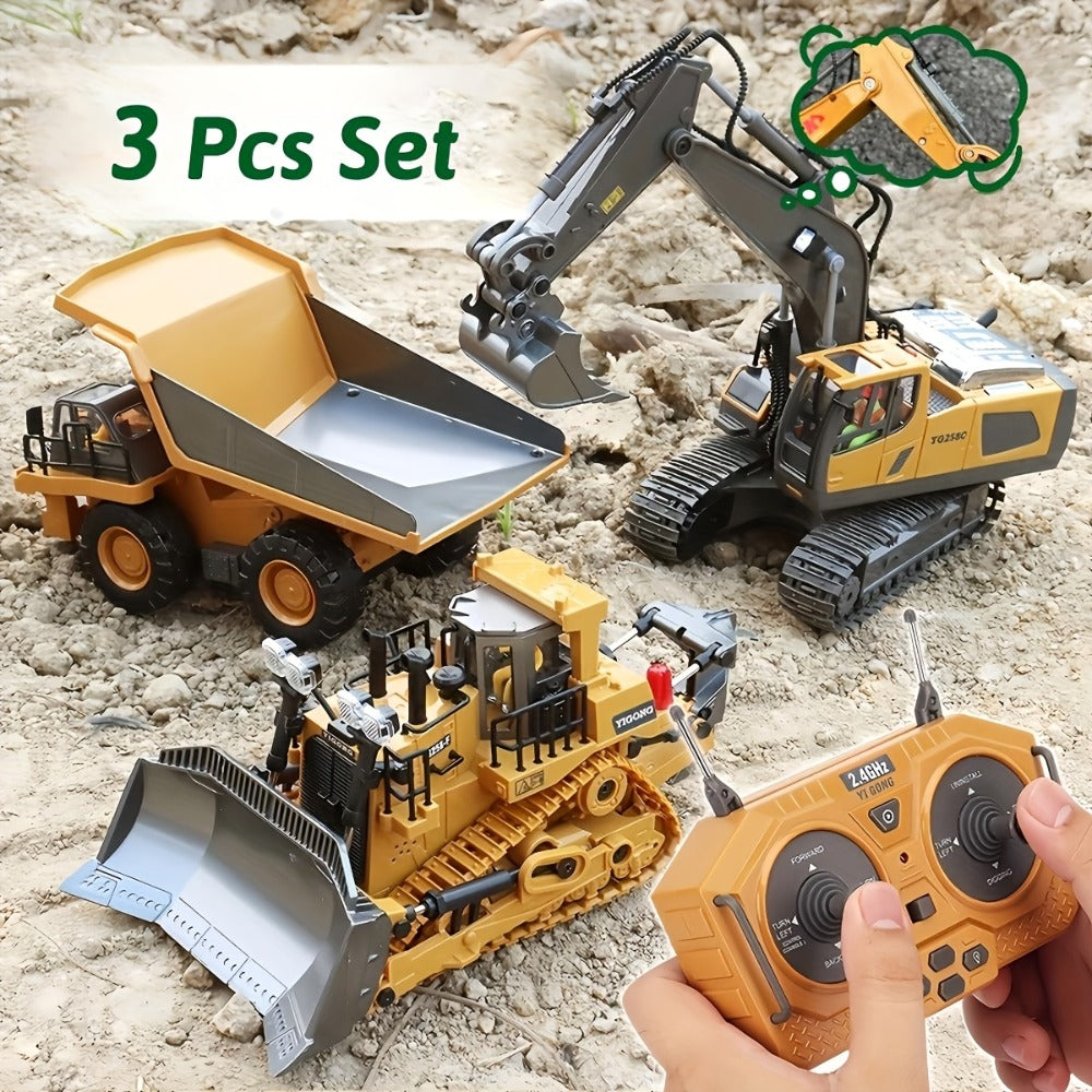 RC Construction Vehicle Set 2-in-1 & 3-in-1, 2.4G 11-Channel Remote Control Excavator Dump Truck Forklift Bulldozer