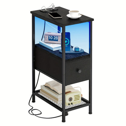 Nightstand Slim One or Two Fabric Drawers with Charging Station, LED Light and Single or Two-Pack Choice