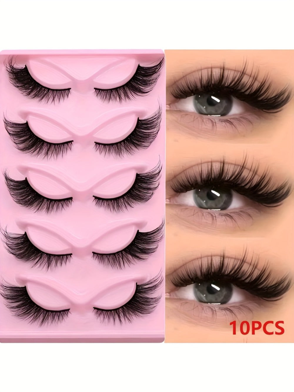 Wispy Cat-Eye False Eyelashes, 30-Piece Pack with Clear Bands in Stacked Pink Storage Trays