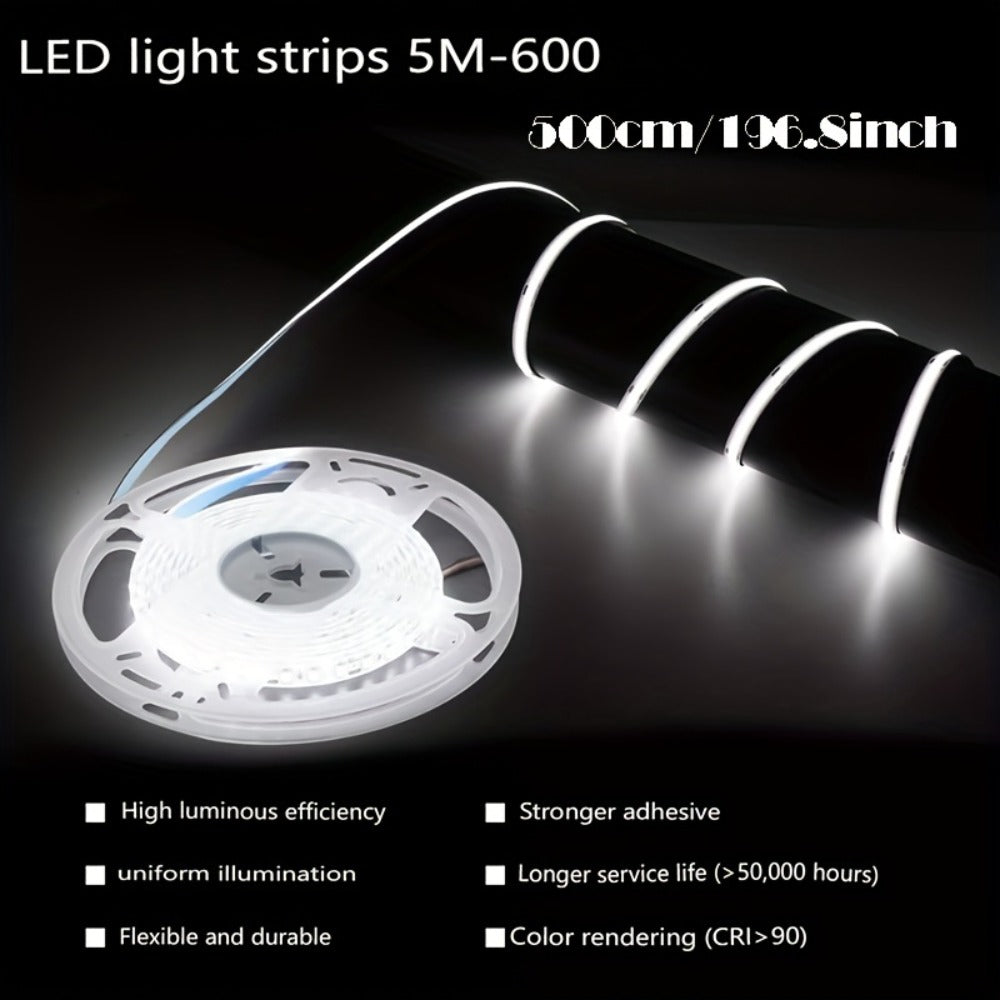 LED Strip Light 5m 2835 SMD with 600 LEDs, 12V Power, Inline Dimmer, White or Warm White and IP65 Label