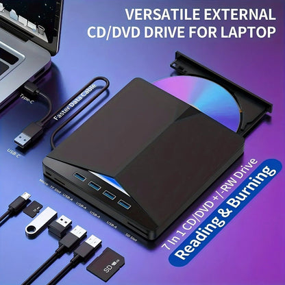 7-in-1 External DVD Drive USB 3.0 with 4 USB Ports & Dual TF/SD Card Reader - High-Speed CD/DVD Burner for Laptop Mac PC