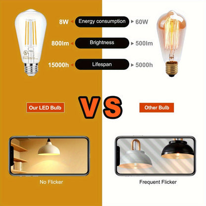 ST58 Vintage Edison LED Filament Bulb 8W 2700K Warm White Dimmable – 60W Equivalent E26 Base Clear Glass Antique Style for Chandelier
