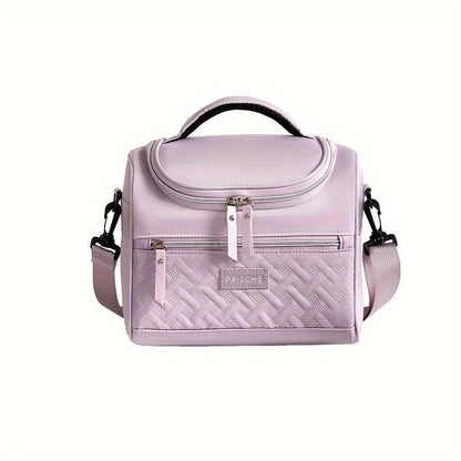 Quilted Lunch Bag Tote with Dual Zippers, Front and Side Pockets, Shoulder Strap and Four Colors