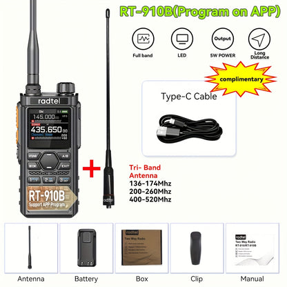 Tri-Band Ham Radio Handheld Walkie Talkie Radtel RT-910B, 6M VHF UHF Air Band Two-Way Radio, APP Programming