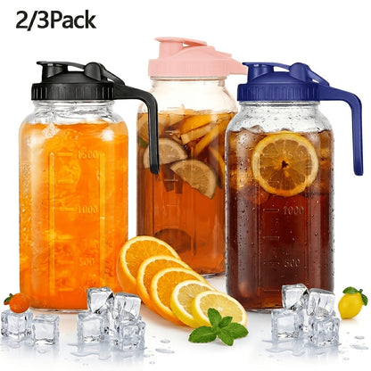 Three-Pack 64-Ounce Mason-Style Glass Pitchers with Pink Flip Lids, Handles and Wide Mouths