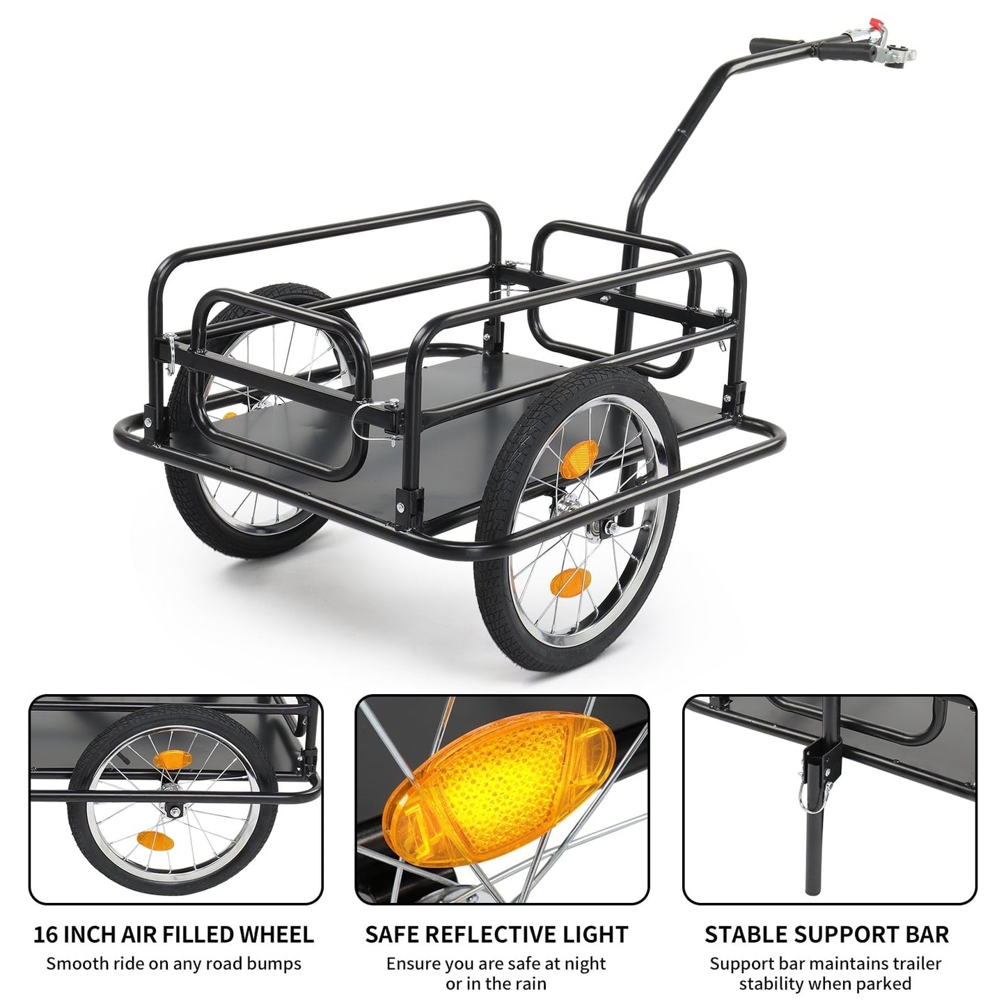 Bike Cargo Trailer Foldable 16-Inch Inflatable Wheels Detachable Walls Flatbed Bicycle Wagon for Groceries Luggage Pets Commuting
