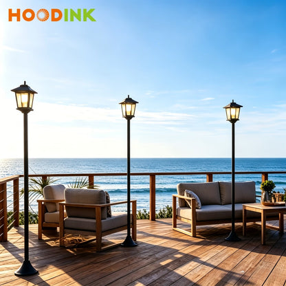 Solar Garden Light HOODINK Black Lamp Post 2-Pack with Solar Panel, Automatic Light Sensor and Freestanding Pole Installation