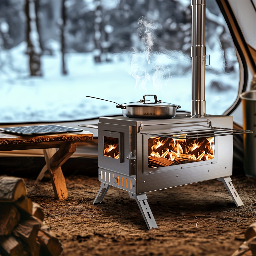 Wood Burning Stove Portable Camping Tent Stove with 7 Detachable Chimney Pipes, Stainless Steel, Adjustable Height