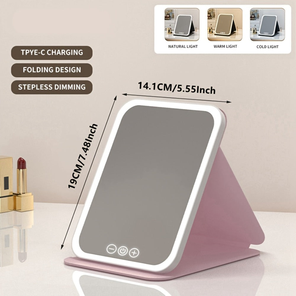 Makeup Mirror Foldable LED Travel Stand with Three Light Colors, Touch Dimming, USB Charging and Pink or White Options