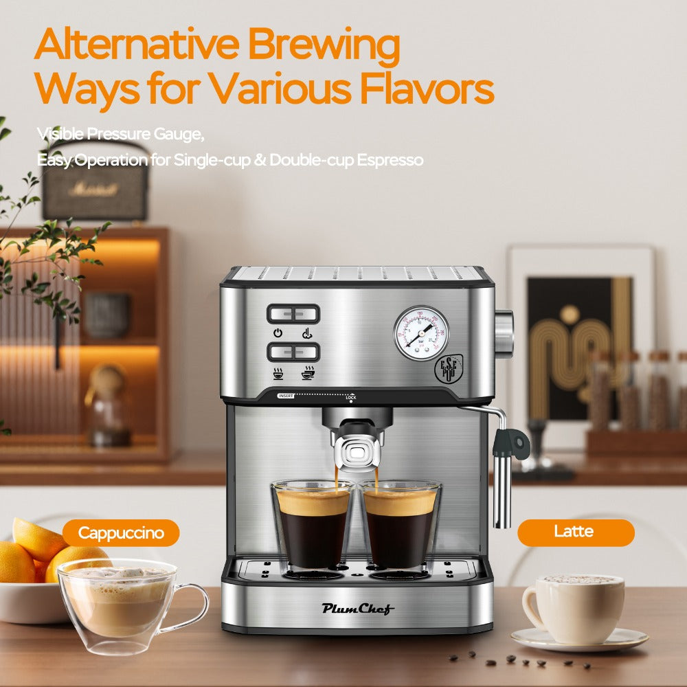 Espresso Machine Stainless Steel, Dual-Brew Coffee Maker with 54.1oz Water Tank, High-Pressure Steam Wand