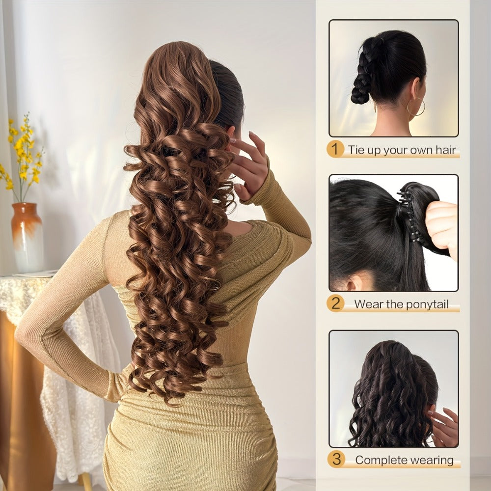 Curly Ponytail Extension 28 Inch Long Heat Resistant Synthetic Clip In Wrap Around Hairpiece Voluminous Bouncy Curls 4 Styles for Women