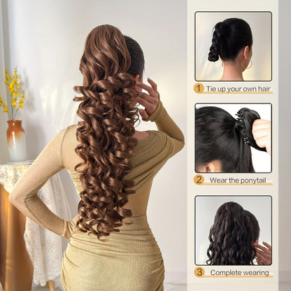 Curly Ponytail Extension 28 Inch Long Heat Resistant Synthetic Clip In Wrap Around Hairpiece Voluminous Bouncy Curls 4 Styles for Women