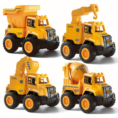 4-Piece Construction Truck Set for Kids, Excavator Dump Truck Crane Cement Mixer Sandbox STEM Engineering Vehicle Playset
