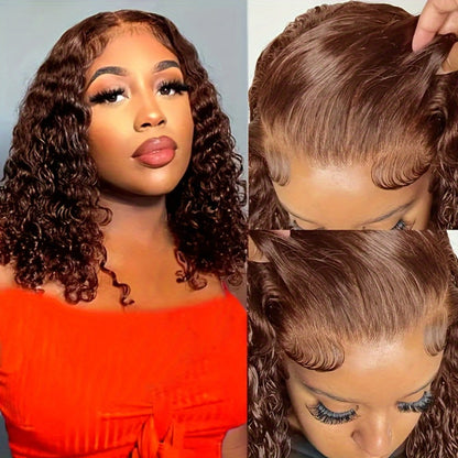 4x4 HD Lace Closure Curly Bob Wig Reddish Brown #33 Human Hair Pre-Plucked Glueless Short Bob with Baby Hair 20 Inch Warm Auburn Color Wig
