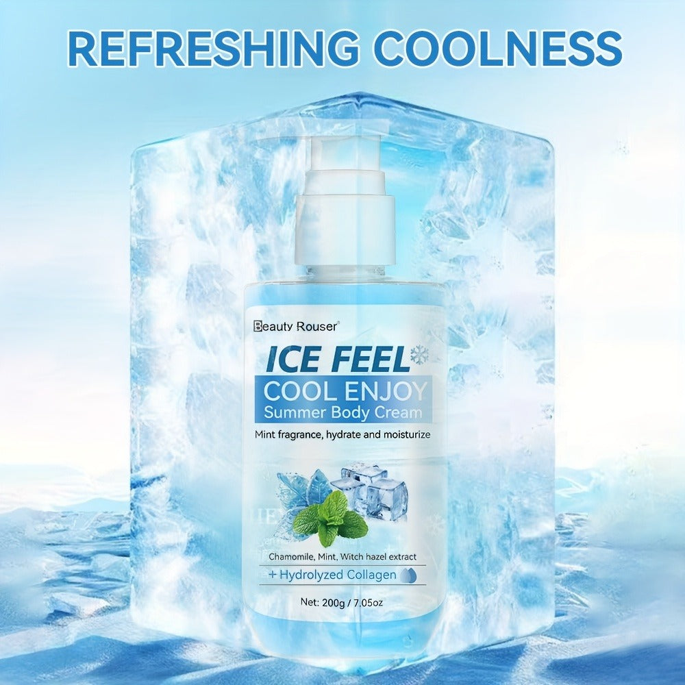 Body Cream Beauty Rouser ICE FEEL 200g Pump with Mint Chamomile Witch Hazel and Collagen Package Callouts