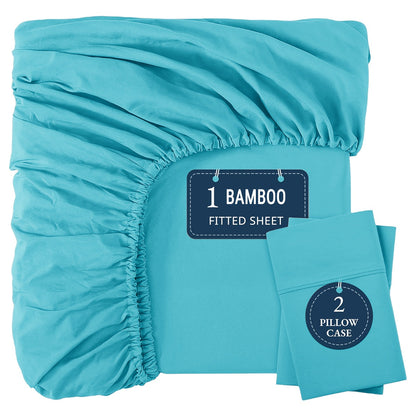 Bamboo Fitted Sheet Set 3-Piece – Cooling Breathable Soft Deep Pocket Bed Sheets, Twin Full Queen King, 12 Colors – Fits Mattress Up to 15"