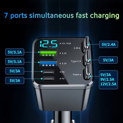 7-in-1 Car Fast Charger with 3 Retractable Cables, LED Digital Display, 180° Adjustable Arm, Universal Plug