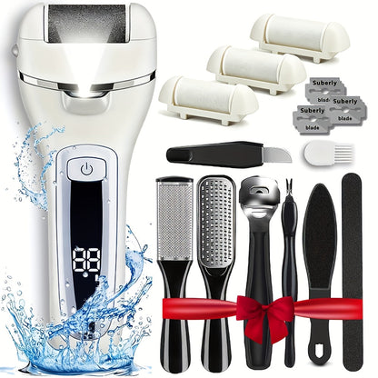 Electric Pedicure Foot File 10-in-1 Kit, Rechargeable with Digital Display, 3 Roller Heads
