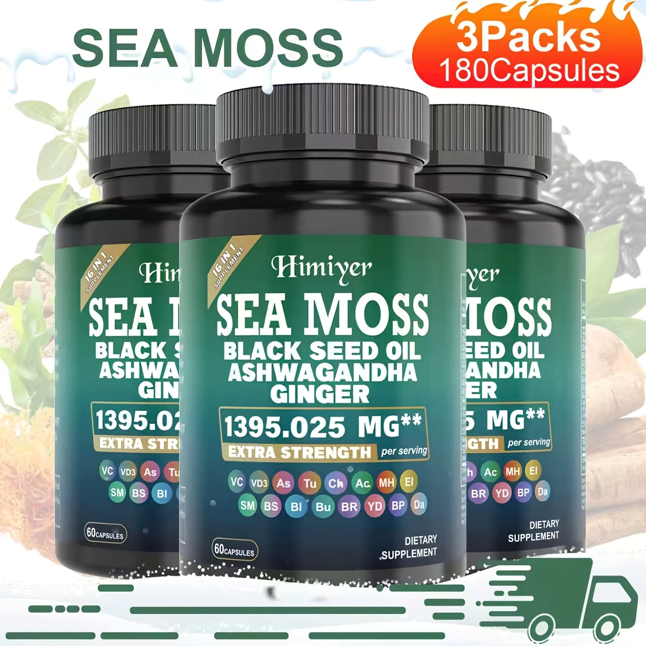 Sea Moss Ashwagandha Capsules 16-in-1 with Black Seed Oil Turmeric Cinnamon, Boosts Energy Immunity & Athletic Performance