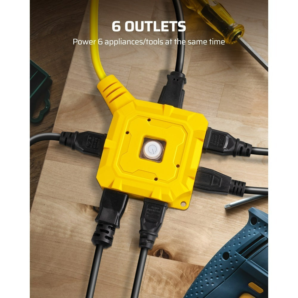 Extension Cord 25ft 6-Outlet SJTW 14AWG with Cover & On/Off Switch, Outdoor Indoor Power Strip Cord for Workshop