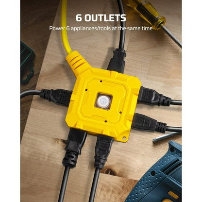Extension Cord 25ft 6-Outlet SJTW 14AWG with Cover & On/Off Switch, Outdoor Indoor Power Strip Cord for Workshop