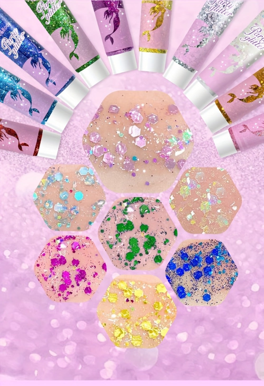 Face Body Glitter Gel Set 30 Pieces – Colorful Shapes Mermaid Sequin Stars Hearts, Transparent Gel Base, Skin-Safe Shimmer Makeup