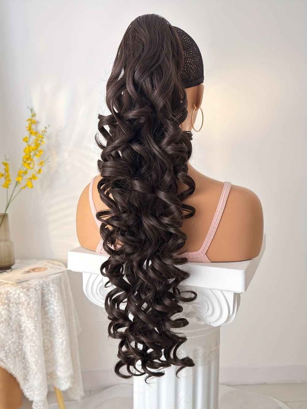 Curly Ponytail Extension 28 Inch Long Heat Resistant Synthetic Clip In Wrap Around Hairpiece Voluminous Bouncy Curls 4 Styles for Women