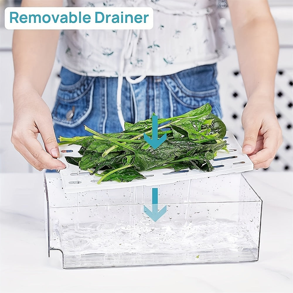 Stackable Fridge Organizer Bins with Drawer, Refrigerator Storage Containers with Drain Board & Ventilation