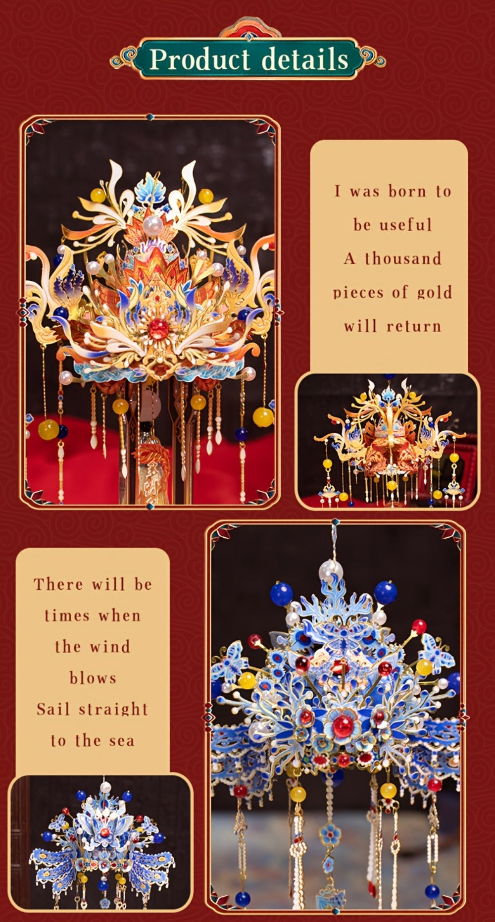 3D Metal Puzzle Phoenix Crown Qingluan – Blue & Gold DIY Assembly with Beads & Tassels, Chinese Mythology Art Collectible