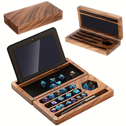 Walnut Dice Box & Rolling Tray 4.8x9 Inch Handmade – Magnetic Flip Lid, Dice Storage, Phone & Tablet Stand for Tabletop RPG Board Games