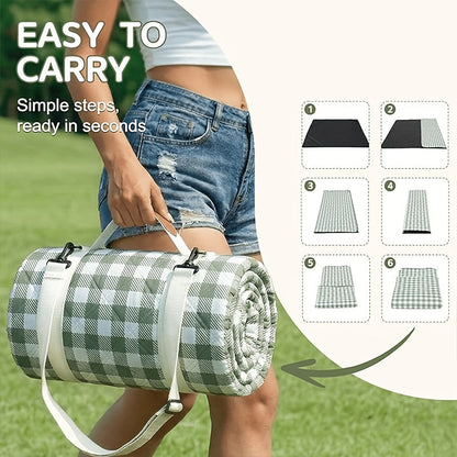 Dark Green Padded Picnic Blanket with Buckled Carry Straps, 80 x 80in Large Roll-Up Outdoor Mat