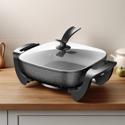 Electric Ceramic Non-Stick Pot 12x12 Inch 1500W Square Skillet with Glass Lid Adjustable for Home Cooking, Dining and Outdoor Meals