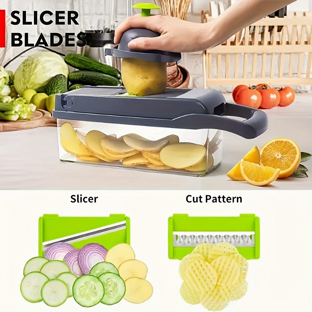 Vegetable Chopper 16-in-1 Manual Food Chopper Set, 8 Stainless Steel Blades, 304 Container, Peeler & Filter