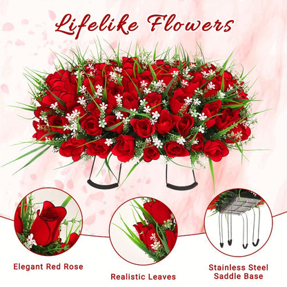 Artificial Flowers Silky Red Rose Memorial Set with Top Saddle, Side Vases or Three-Piece Option