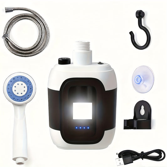 Portable Outdoor Shower with Light 2-in-1 – 2000mAh Rechargeable, Power Display, Spray Nozzle, Hose & Suction Cup – Camping, Hiking