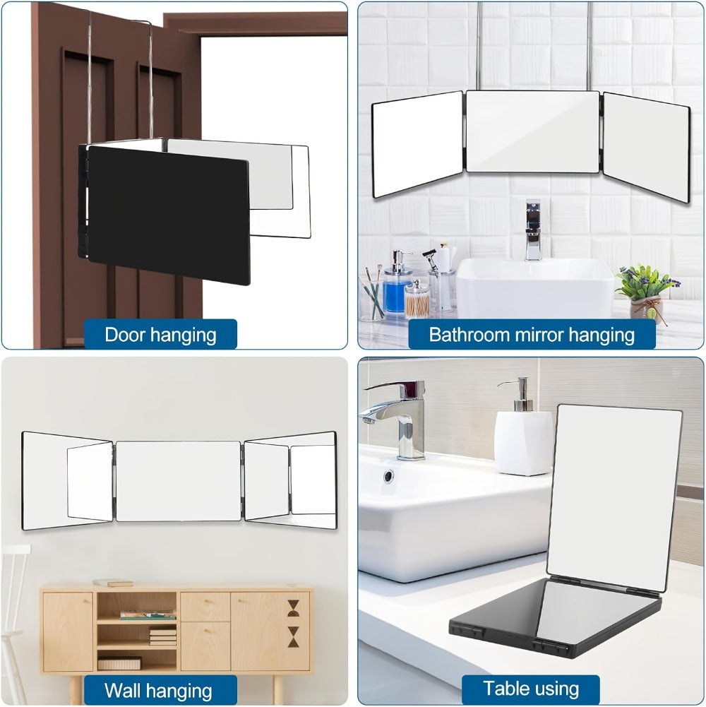 Three-Way Folding Mirror for Haircutting 360° View Anti-Fog HD Glass Height-Adjustable Telescopic Hook – Foldable Three-Sided Mirror